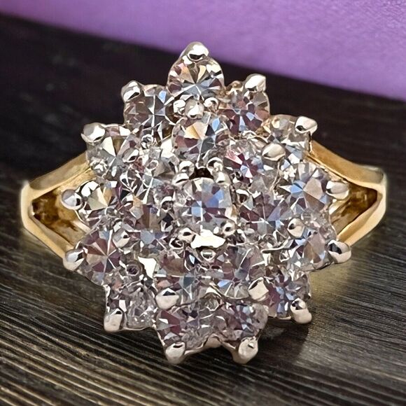 Vintage Ring Size 5 Cubic Zirconia Cluster Ring 14K Gold Plate Mid-Century 14G - Picture 5 of 11